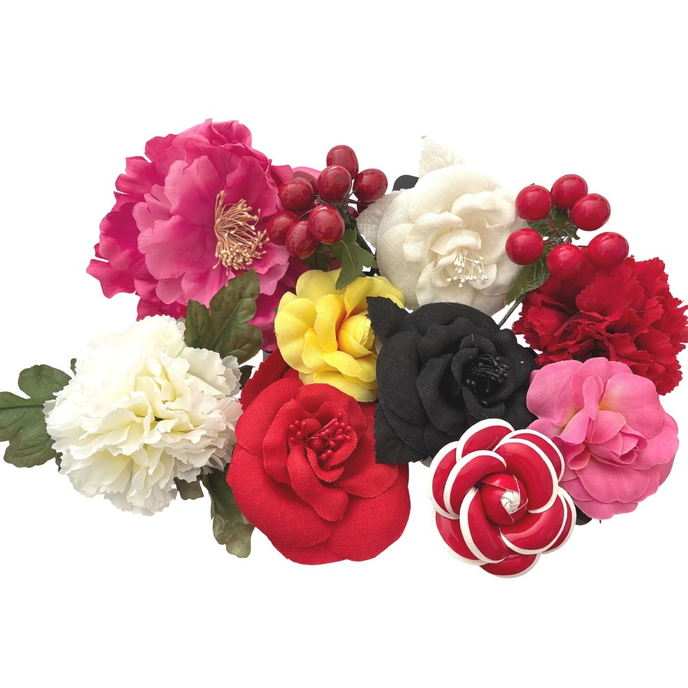 Vintage Style Faux Floral Brooch Pin Set Red Cherries Fabric Flower Pins